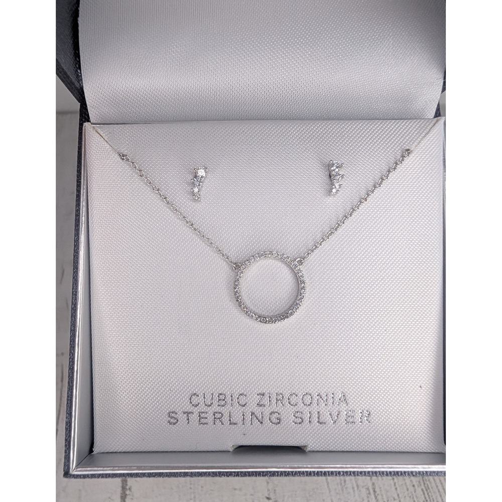 Primrose Sterling Silver Cubic Zirconia Circle Necklace and Earring Set Silver - Picture 2 of 2